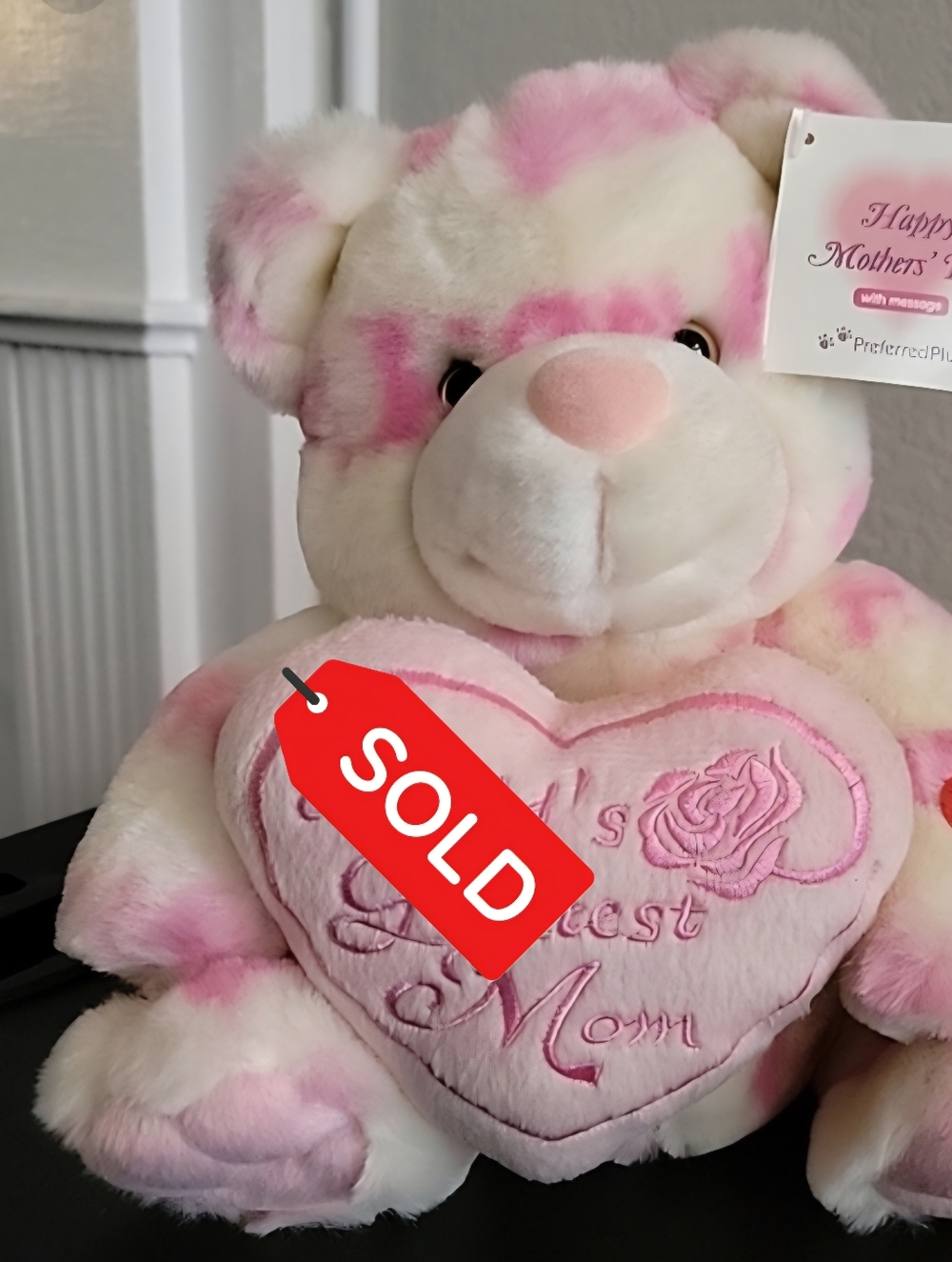 SOLD.....Pink and White Plush Bear - World's Greatest Mom